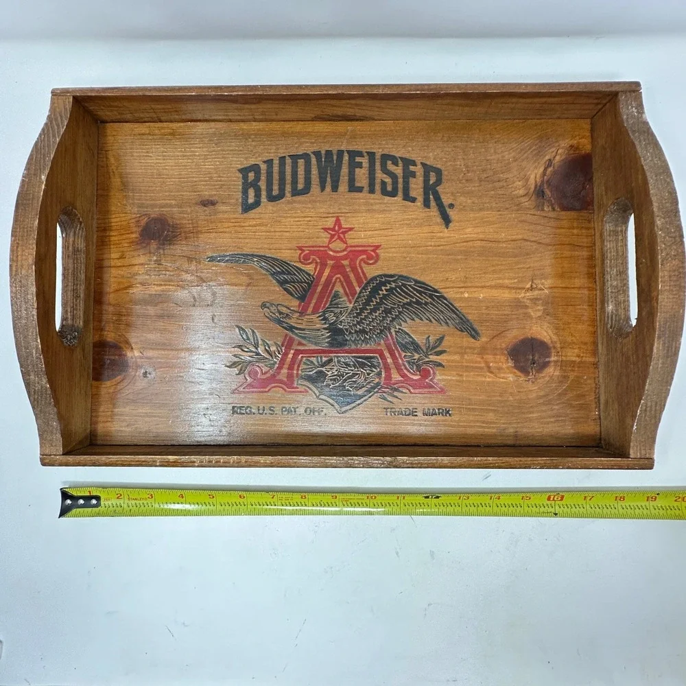 VTG Budweiser Wood Serving Tray Anheuser Busch Logo Man Cave Barware Rustic